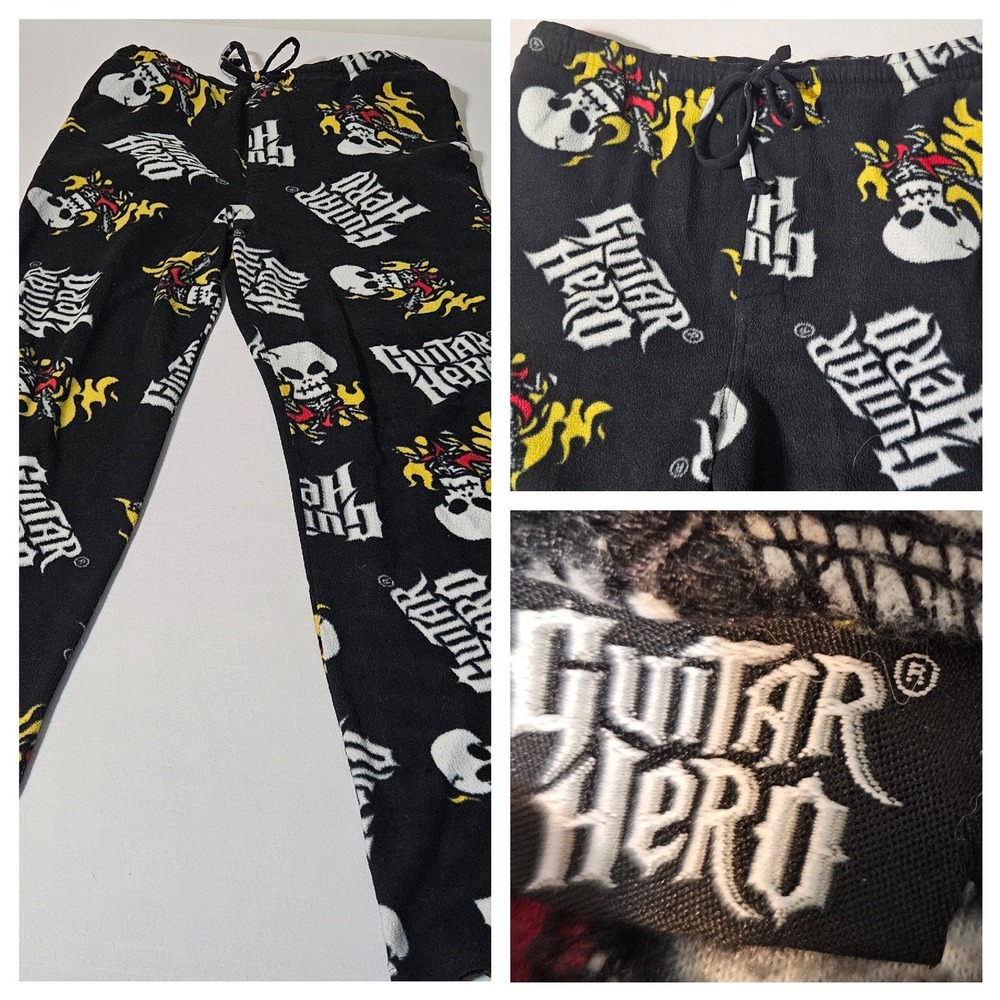 Mens Guitar Hero Black Fleece Pajama Pants Skull‎ Flames Graphic S 30-34 waist